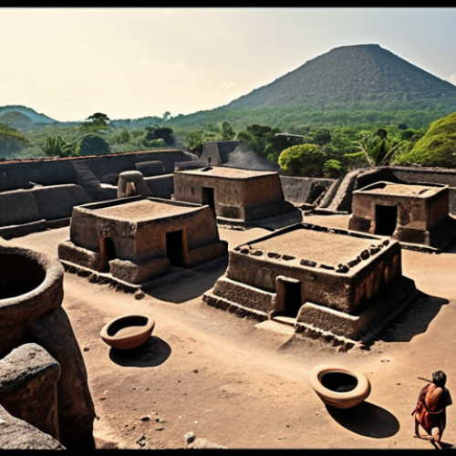 Home 20 **Joya de Cerén:** "A vivid color photograph of a perfectly preserved ancient Mayan village under a layer of volcanic ash, showcasing everyday life scenes with ceramic vessels and cultivated fields, reminiscent of Pompeii, midday sun."