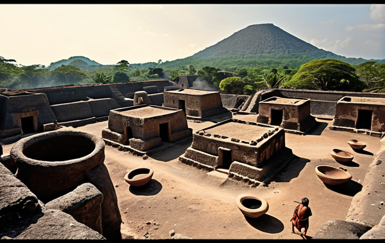 **Joya de Cerén:** "A vivid color photograph of a perfectly preserved ancient Mayan village under a layer of volcanic ash, showcasing everyday life scenes with ceramic vessels and cultivated fields, reminiscent of Pompeii, midday sun."