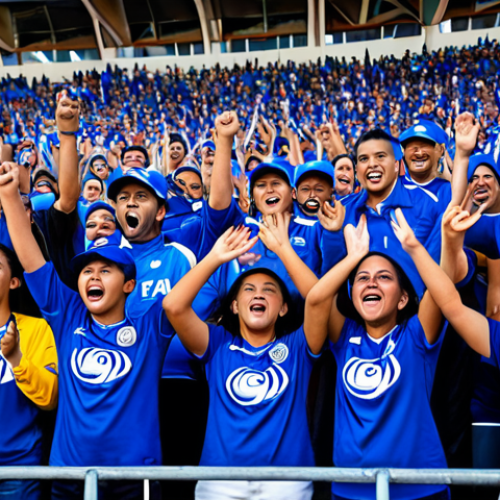 Home 18 A vibrant scene capturing Salvadoran football fans cheering passionately in a stadium. People of various ages are present, all fully clothed in modest, casual attire, some wearing team colors. The atmosphere is electric with energy, showing diverse faces expressing joy and excitement. The stadium background is bustling but not overly detailed. This image should convey a strong sense of national pride and community spirit. Professional photography, high resolution, dynamic lighting, realistic, safe for work, appropriate content, fully clothed, family-friendly, perfect anatomy, correct proportions, natural pose, well-formed hands, proper finger count, natural body proportions.