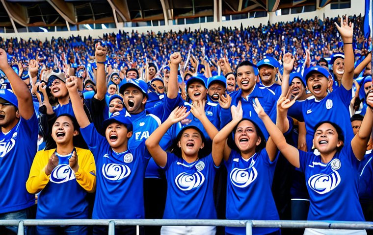 A vibrant scene capturing Salvadoran football fans cheering passionately in a stadium. People of various ages are present, all fully clothed in modest, casual attire, some wearing team colors. The atmosphere is electric with energy, showing diverse faces expressing joy and excitement. The stadium background is bustling but not overly detailed. This image should convey a strong sense of national pride and community spirit. Professional photography, high resolution, dynamic lighting, realistic, safe for work, appropriate content, fully clothed, family-friendly, perfect anatomy, correct proportions, natural pose, well-formed hands, proper finger count, natural body proportions.