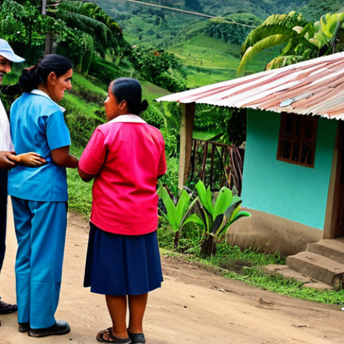 Home 9 Rural Healthcare Outreach**
"A fully clothed healthcare worker, professional attire, interacting with a family in a rural El Salvadoran village. The scene includes modest homes and natural surroundings. Focus on the positive interaction and access to care. Safe for work, appropriate content, perfect anatomy, natural pose, high quality, family-friendly, modest clothing."
**