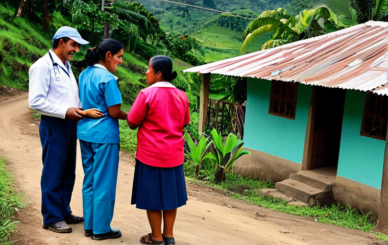 Rural Healthcare Outreach**

"A fully clothed healthcare worker, professional attire, interacting with a family in a rural El Salvadoran village. The scene includes modest homes and natural surroundings. Focus on the positive interaction and access to care. Safe for work, appropriate content, perfect anatomy, natural pose, high quality, family-friendly, modest clothing."

**