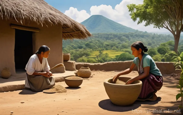 엘살바도르에서 역사적 기념물 방문 - **Prompt 1: Ancient Mayan Daily Life in Joya de Cerén**
    A highly detailed, realistic illustratio...