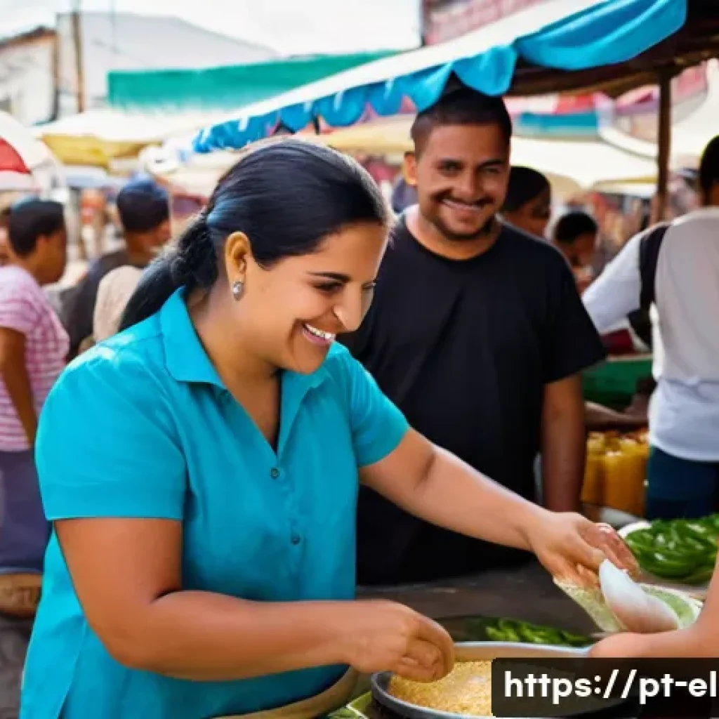 엘살바도르에서 현지인과 친해지는 방법 - **Prompt:** A vibrant and heartwarming scene set in a bustling Salvadoran street market. A friendly,...