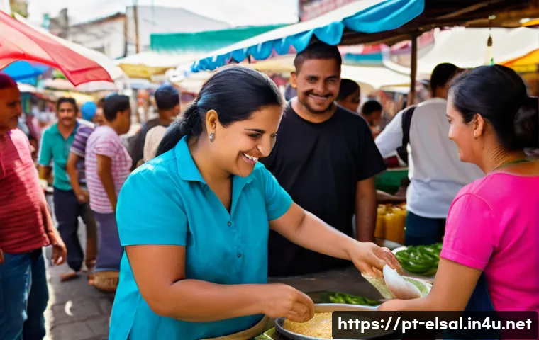 엘살바도르에서 현지인과 친해지는 방법 - **Prompt:** A vibrant and heartwarming scene set in a bustling Salvadoran street market. A friendly,...