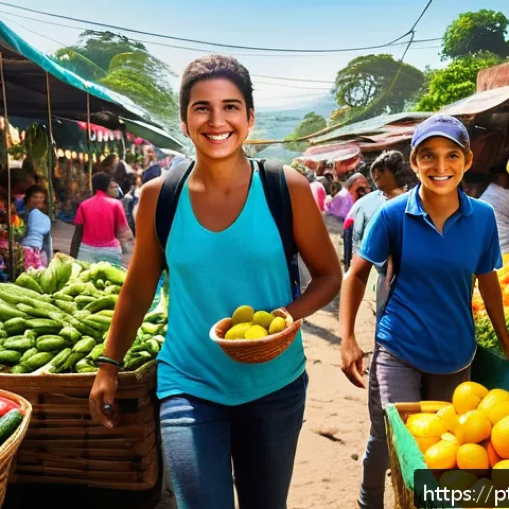 엘살바도르 어학연수 가능성 - A vibrant Salvadoran local market scene bustling with diverse people shopping for fresh fruits, vege...