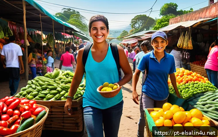 엘살바도르 어학연수 가능성 - A vibrant Salvadoran local market scene bustling with diverse people shopping for fresh fruits, vege...