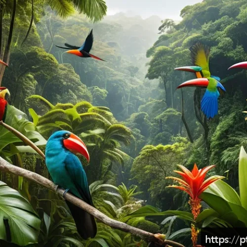 Home 32 엘살바도르의 대표적인 동물 및 자연 생태계 - A vibrant tropical rainforest scene in El Salvador during daylight, showcasing a flock of colorful b...