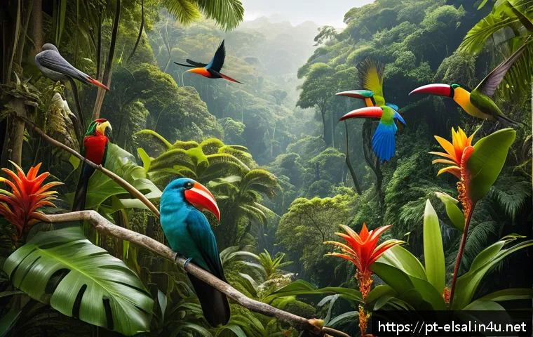 엘살바도르의 대표적인 동물 및 자연 생태계 - A vibrant tropical rainforest scene in El Salvador during daylight, showcasing a flock of colorful b...