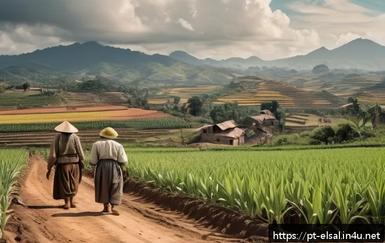 엘살바도르에서 유명한 사건 및 역사적 인물 - A detailed rural scene from early 20th century Latin America, showing a vast latifundium with a few ...